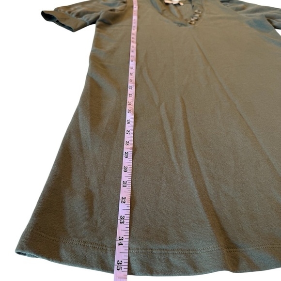 LOFT Olive Green Puff Sleeve Split Neck Sweatshirt Knee Length Dress Size Medium - Picture 11 of 16
